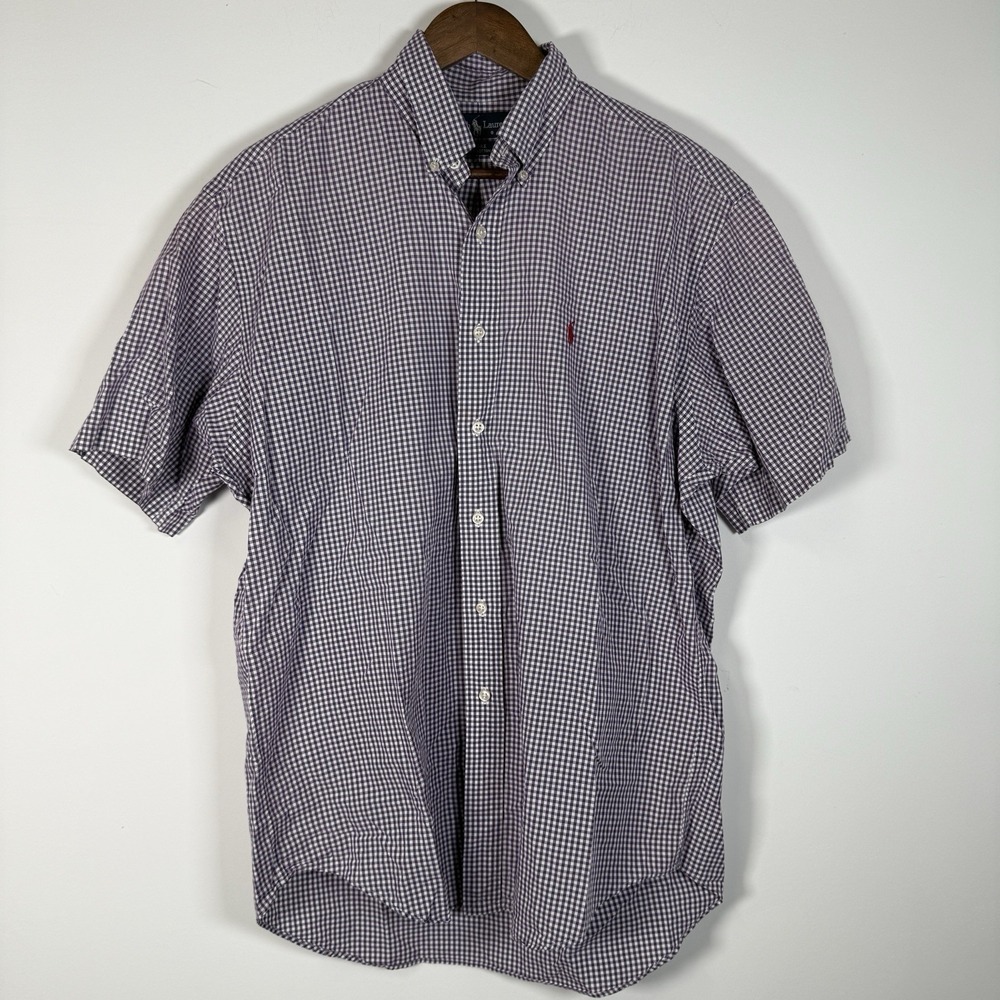 Ralph Lauren Men's Button Down Medium Short Sleeve‎ Gingham Purple White